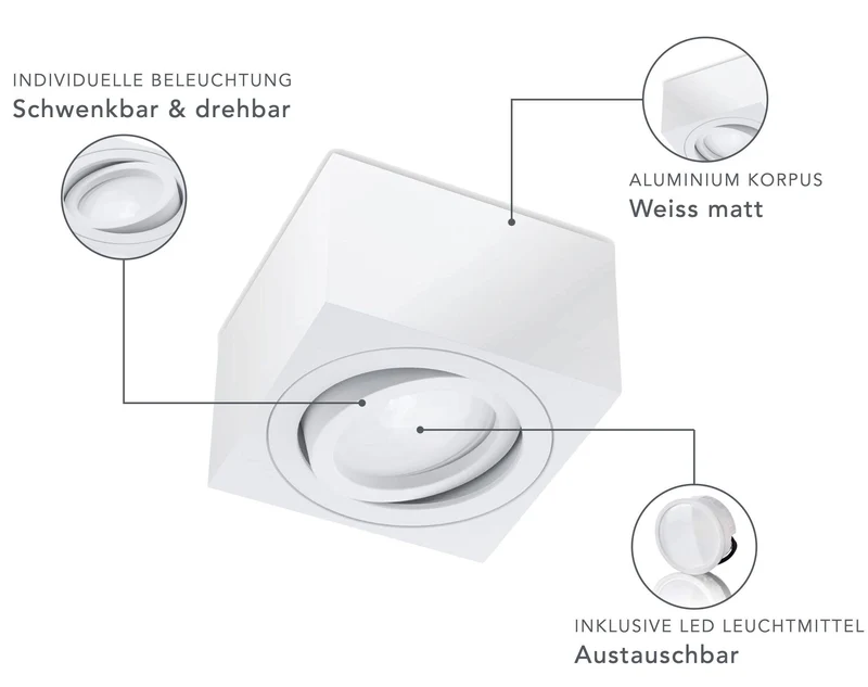 LED Aufbaustrahler Flach - Weiß Eckig 230V 5W Dimmbar 120° - Tablo