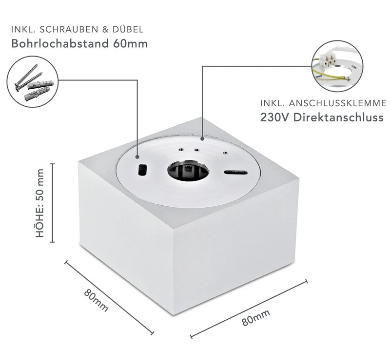 LED Aufbaustrahler Flach - Weiß Eckig 230V 5W Dimmbar 120° - Tablo