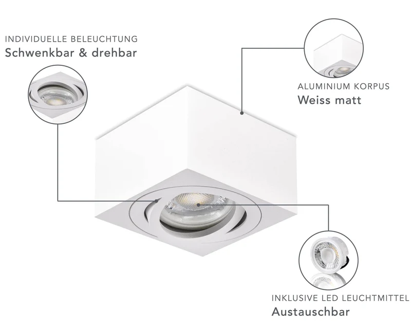 LED Aufbaustrahler Flach - Weiß Eckig 230V 5W Dimmbar - Tablo