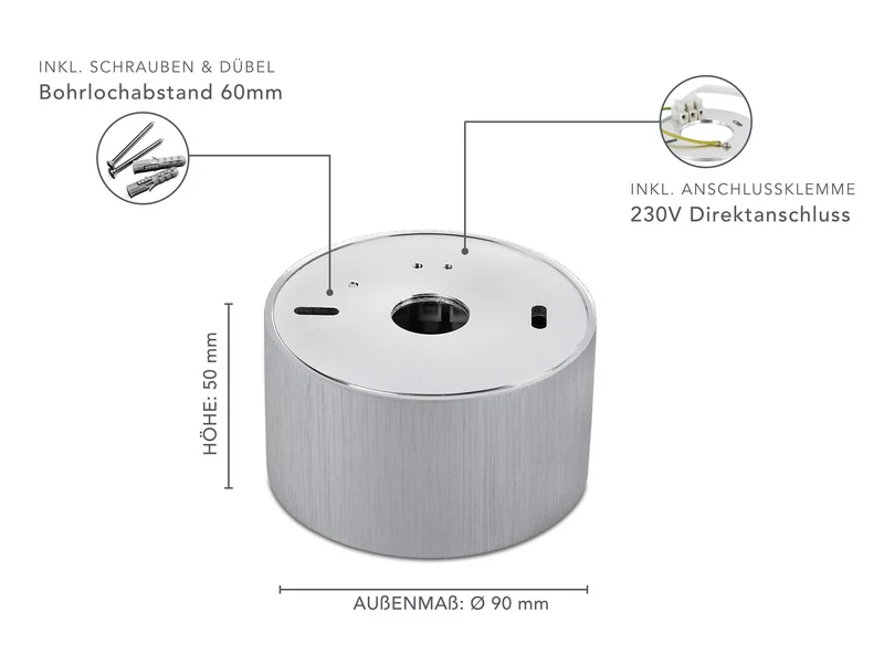 LED Aufbaustrahler Flach - Alu gebürstet Rund 230V 5W Dimmbar - Tablo