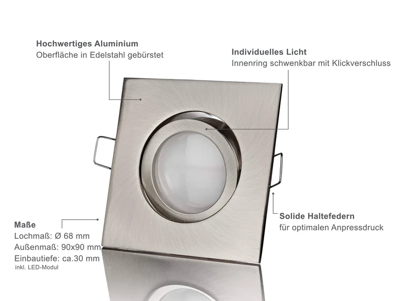 LED Einbaustrahler Flach - Edelstahl gebürstet Eckig 5W Dimmbar 120° - Rapid