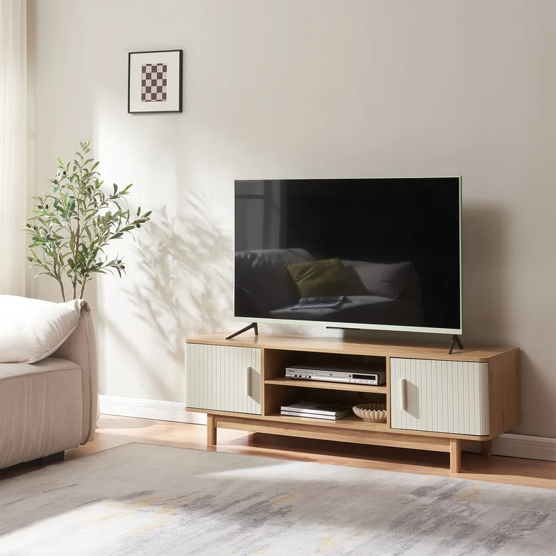 Fernsehschrank Ferrersp mit 2 Türen 140x40x45 cm Eicheoptik/Sandfarben [en.casa]