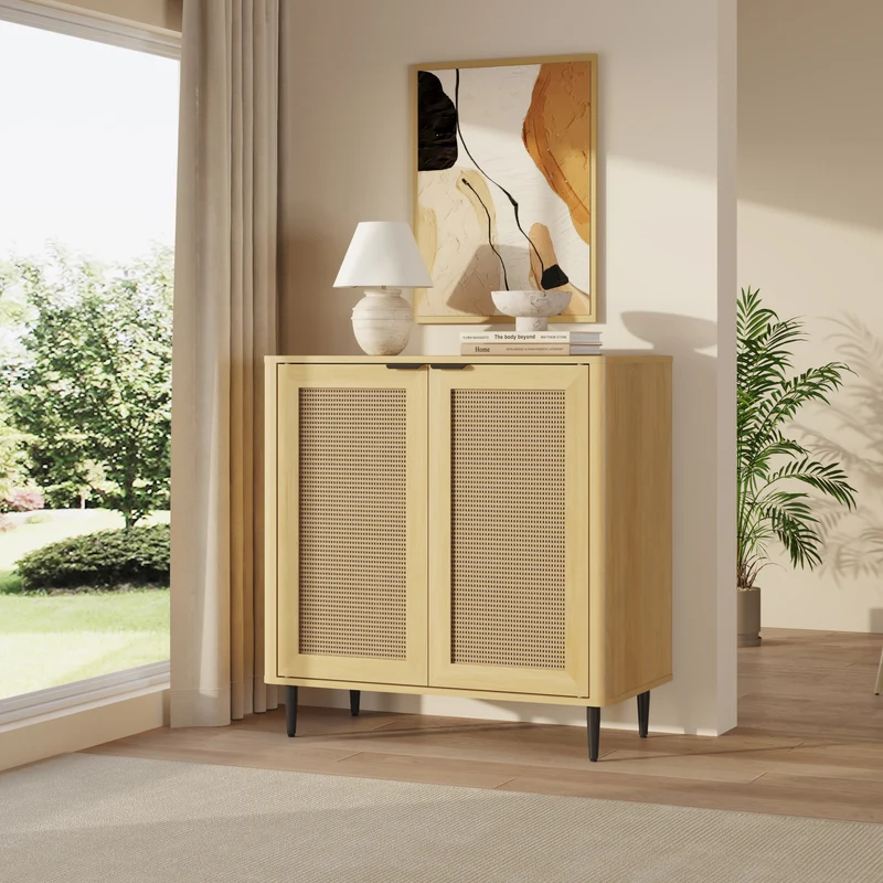 Sideboard Lukhomso 83x80x40 cm Eicheoptik/Rattanoptik [en.casa]