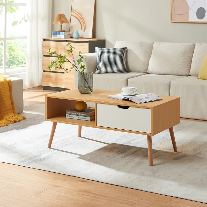 Couchtisch Bordkak mit Schublade 100x48x45 cm Eicheoptik/Weiß [en.casa]
