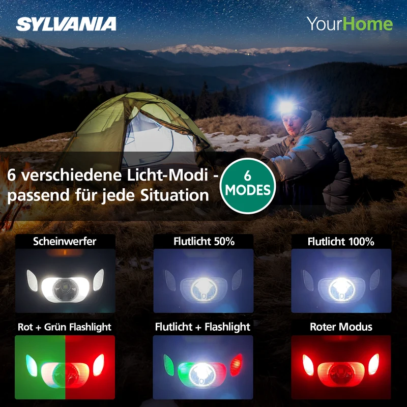 SYLVANIA Stirnlampe LED mit Akku Wiederaufladbar | 6 Lichtmodi inkl. Notfall Blitzlicht | Wassergeschützt IP54, Kopflampe für Joggen,Wandern, Angeln, Campen, 2 Stück