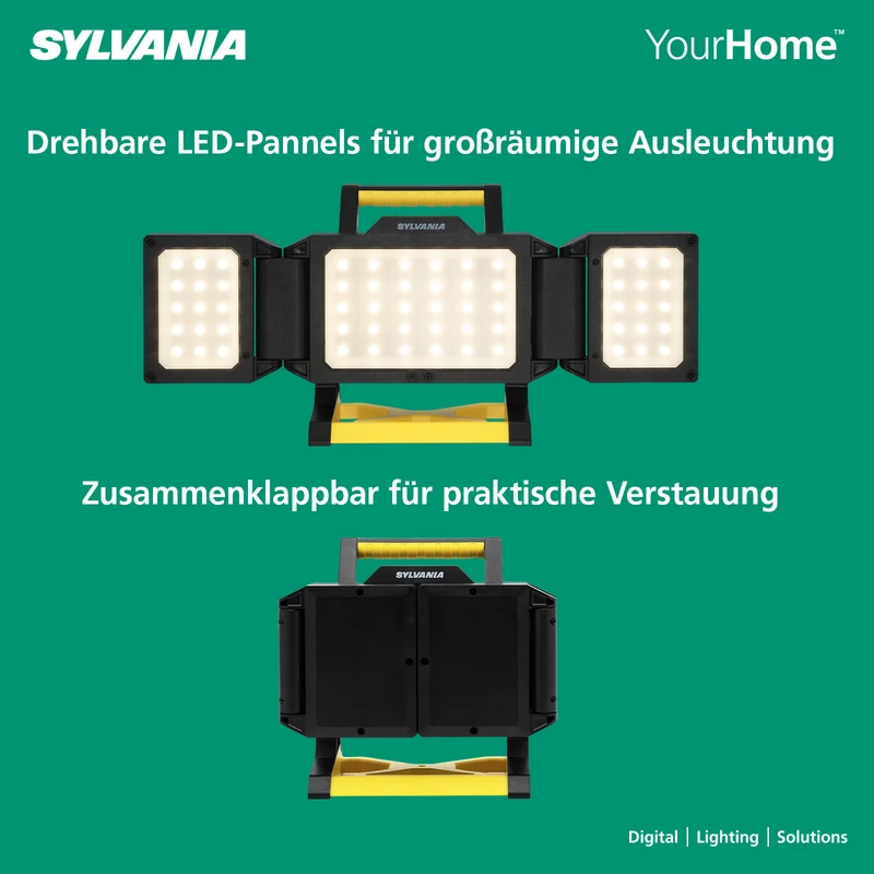 SYLVANIA LED Akku Baustrahler Faltbar | 3 Seiten Akkustrahler mit Powerbank | 2-Stufen Dimmbar 3000 Lumen | IP54 Outdoor Aufladbar für Camping, Baustelle, Garten