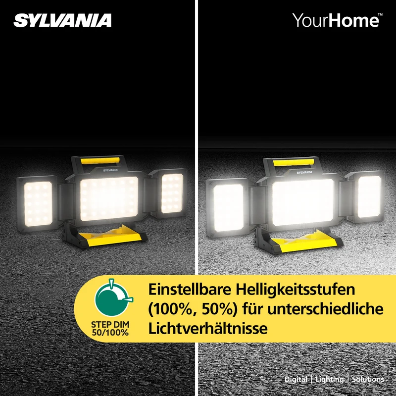 SYLVANIA LED Akku Baustrahler Faltbar | 3 Seiten Akkustrahler mit Powerbank | 2-Stufen Dimmbar 3000 Lumen | IP54 Outdoor Aufladbar für Camping, Baustelle, Garten