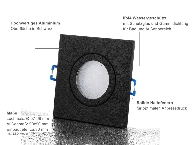 LED Einbaustrahler Flach IP44 - Schwarz Eckig 5W LED Dimmbar - Agua