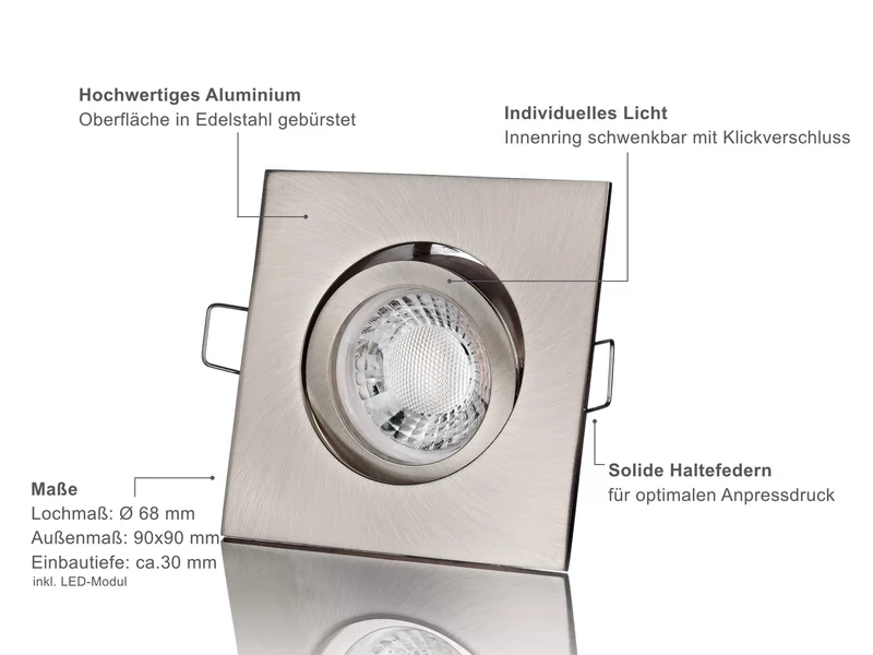 LED Einbaustrahler Flach - Edelstahl gebürstet Eckig 5W LED Dimmbar - Rapid