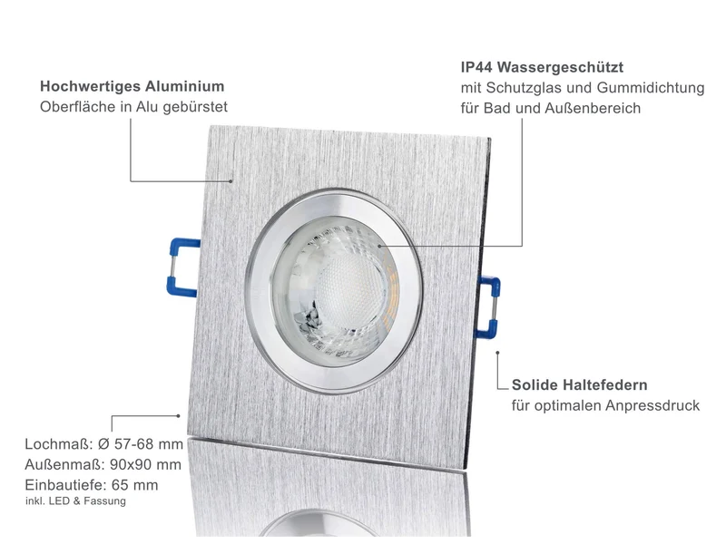 LED Einbaustrahler IP44 Dimmbar - Alu gebürstet Eckig 5W GU10 LED - Banja