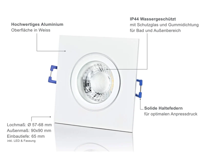 LED Einbaustrahler IP44 Dimmbar - Weiß Eckig 5W GU10 LED - Agua