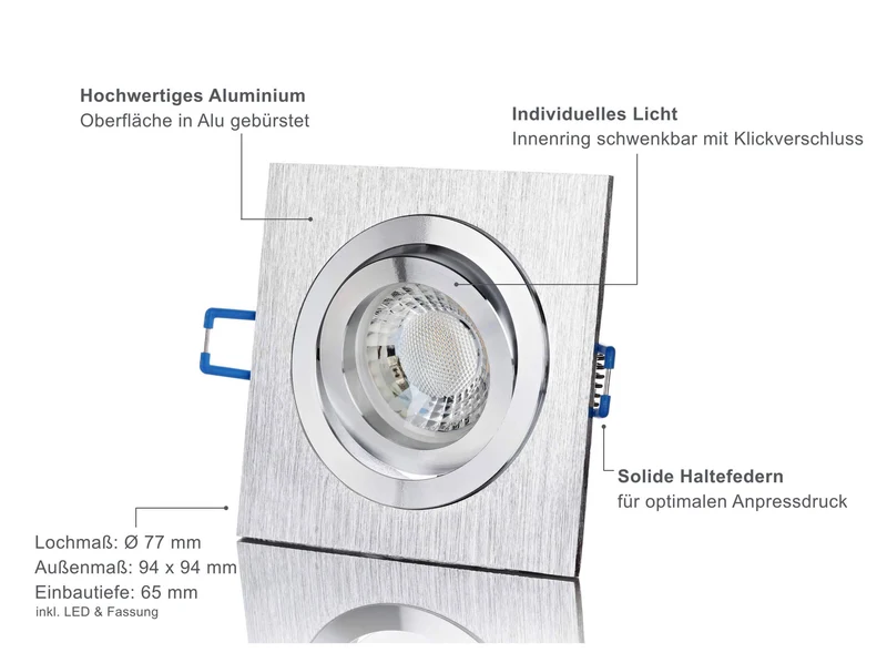 LED Einbaustrahler Dimmbar - Alu gebürstet Eckig 5W GU10 LED - Designo