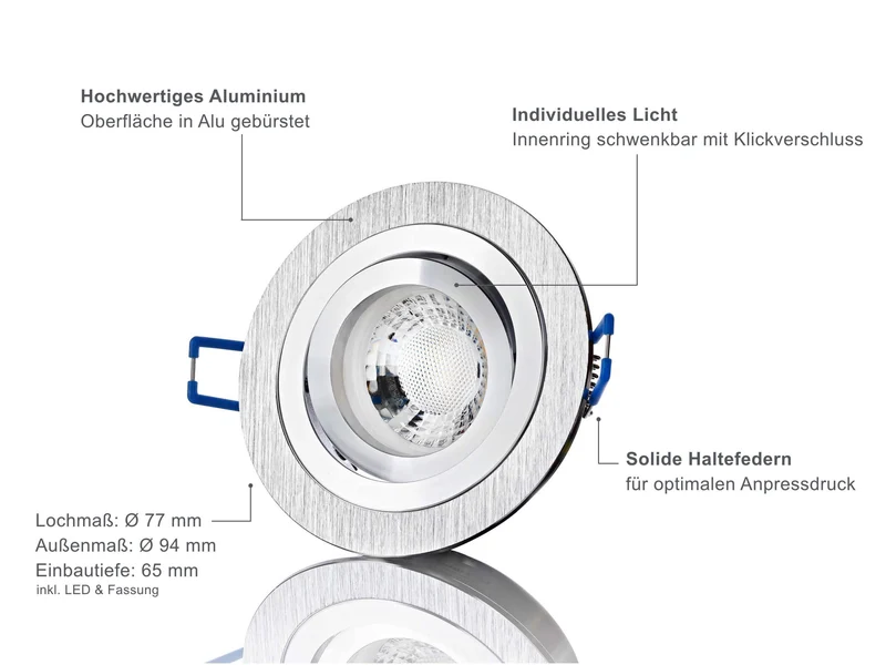 LED Einbaustrahler Dimmbar - Alu gebürstet Rund 5W GU10 LED - Designo
