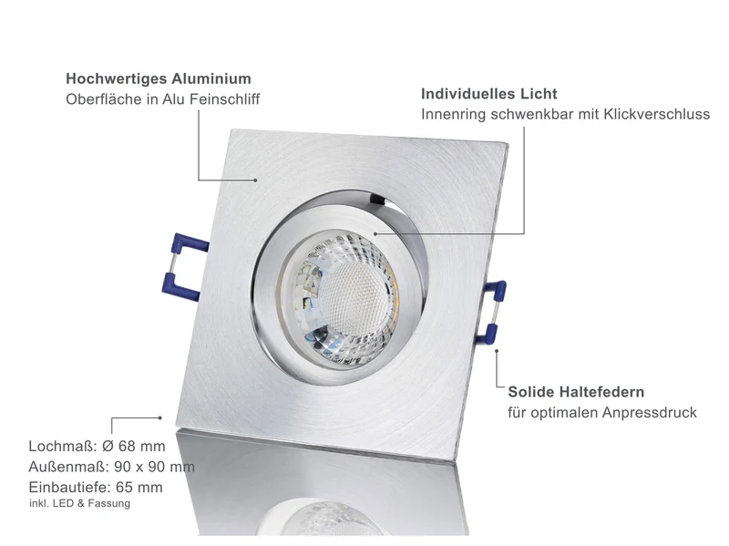 LED Einbaustrahler Dimmbar - Alu Feinschliff Eckig 5W GU10 LED - Rapid