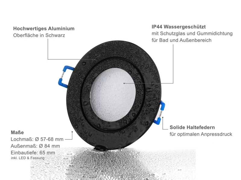 LED Einbaustrahler IP44 - Schwarz Rund 5W GU10 LED - Agua