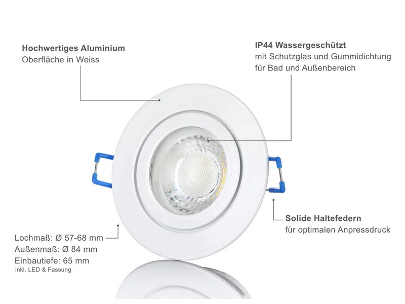 LED Einbaustrahler IP44 - Weiß Rund 5W GU10 LED - Agua