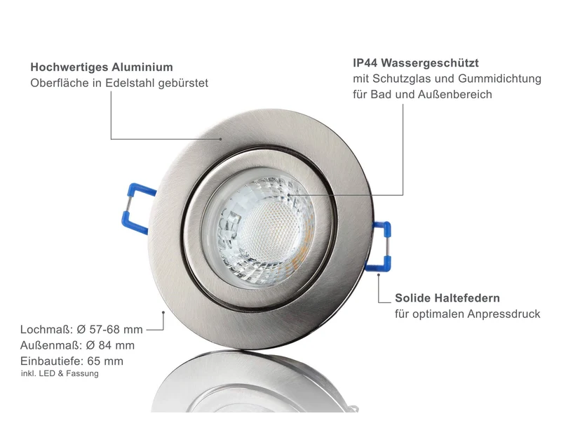LED Einbaustrahler IP44 - Edelstahl gebürstet Rund 5W GU10 LED - Agua
