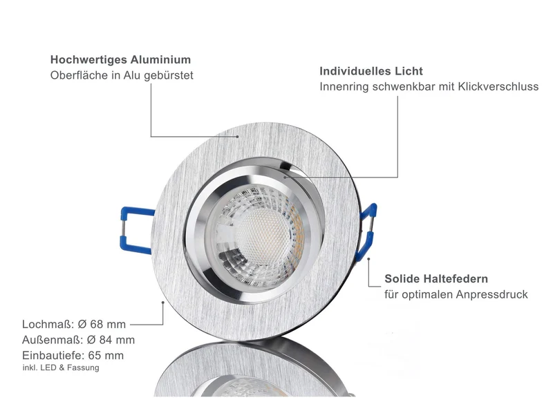 LED Einbaustrahler 230V - Alu gebürstet Rund 5W GU10 LED - Esigno