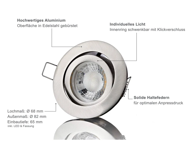 LED Einbaustrahler 230V - Edelstahl gebürstet Rund 5W GU10 LED - Rapid