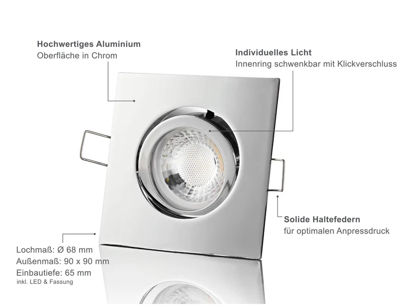 LED Einbaustrahler 230V - Chrom Eckig 5W GU10 LED - Rapid