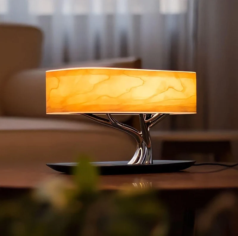 Designer Tischlampe Lautsprecher Kombi Baum-Optik