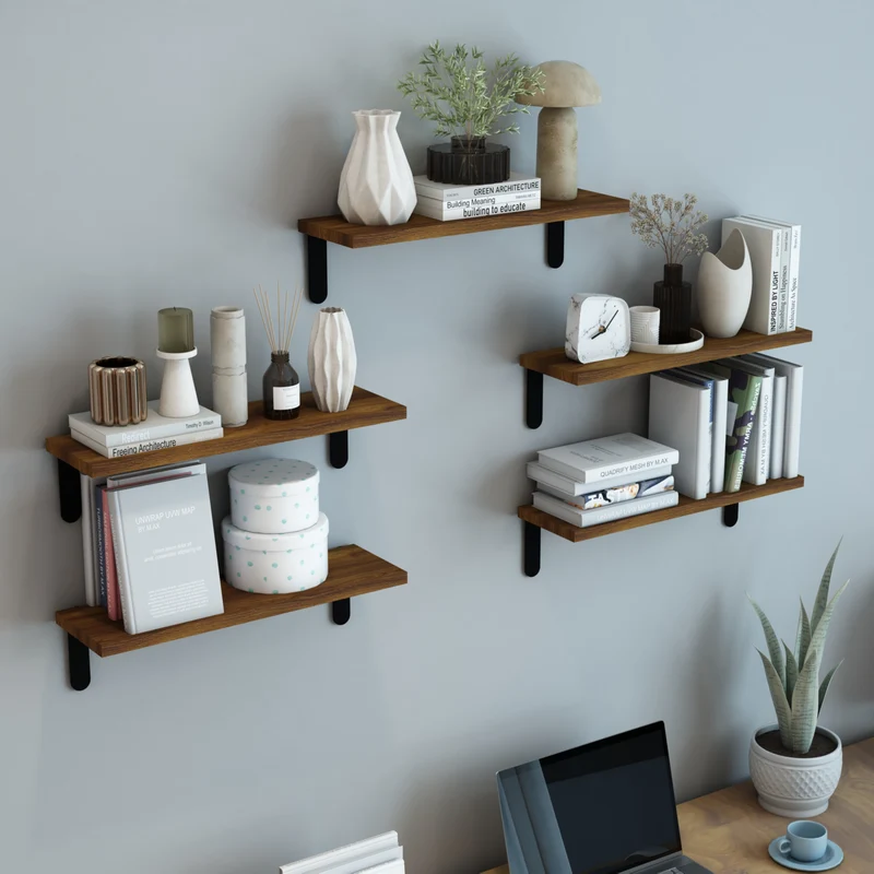 Wandregal Frogn 5er Set Holzfarben/Schwarz [en.casa]
