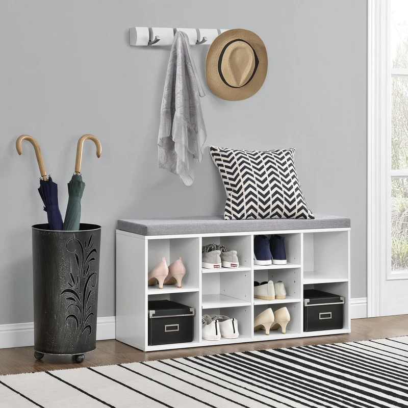 Schuhregal Ymir 103x30x48 cm 10 Ablageflächen Sitzbank Weiß/Grau en.casa