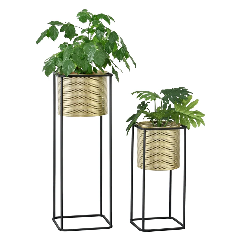 Blumentopf Ständer Mettet 2-tlg. Schwarz-Goldfarben en.casa