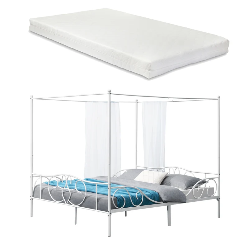Himmelbett Finström aus Stahl mit Kaltschaummatratze [en.casa]