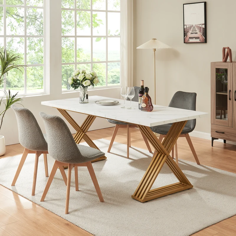 Esstisch Hujaari für 6 Personen Marmoroptik, weiß / Gold [en.casa]
