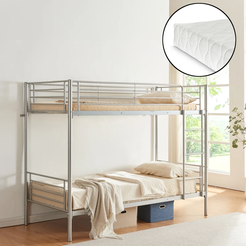 Metall-Etagenbett Soppsar mit 2 Matratzen 200x90 cm Silber [en.casa]