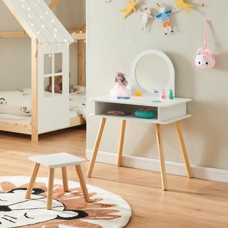Kinderschminktisch mit Hocker Ovanåker Weiß/Natur [en.casa]