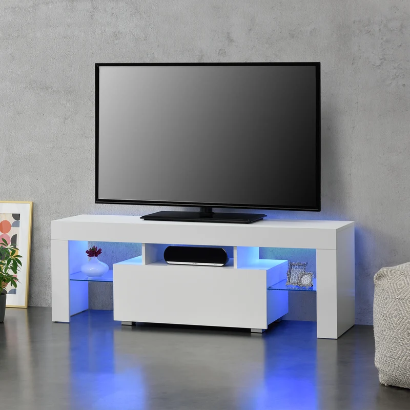 LED-Fernsehtisch Grimsey 130x35x45 cm mit Schublade Glasablage Weiß/Schwarz en.casa
