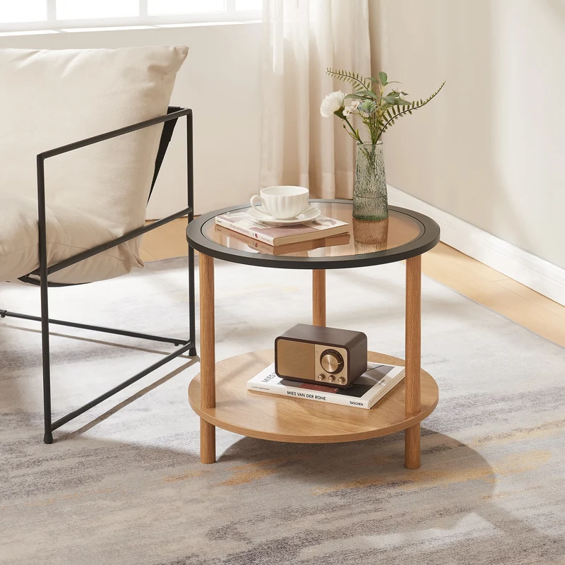 Beistelltisch Latama mit Glasplatte Ø51x45 cm Natur/Schwarz/Bronzeglas [en.casa]