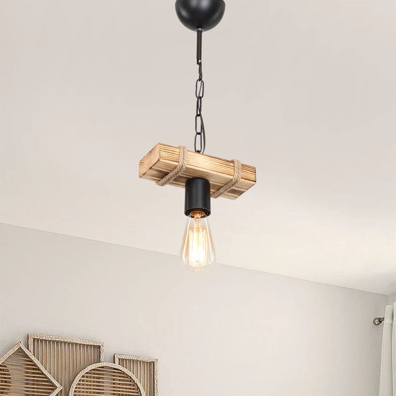 Hängeleuchte Hemel E27 Metall Massivholz Juteseil Schwarz / Holzoptik / Jutefarben in versch. Größen [lux.pro]