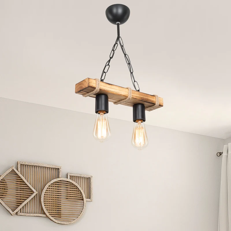 Hängeleuchte Hemel E27 Metall Massivholz Juteseil Schwarz / Holzoptik / Jutefarben in versch. Größen [lux.pro]