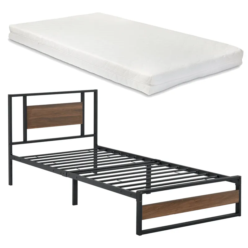 Metallbett Villach mit Matratze in versch. Größen Schwarz Walnuss-Optik [en.casa]