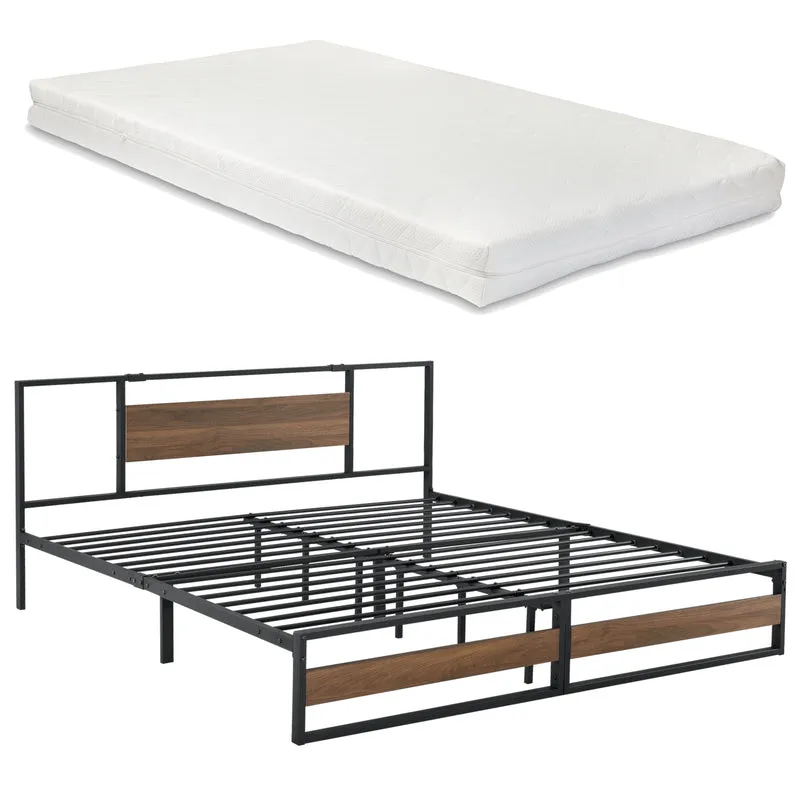 Metallbett Villach mit Matratze in versch. Größen Schwarz Walnuss-Optik [en.casa]