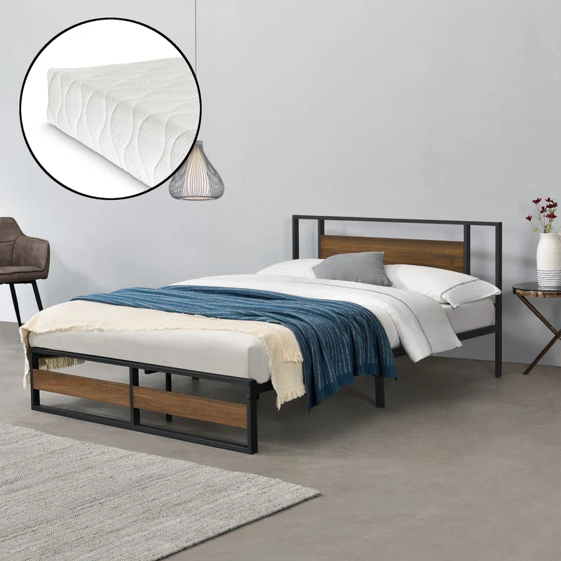 Metallbett Villach mit Matratze in versch. Größen Schwarz Walnuss-Optik [en.casa]