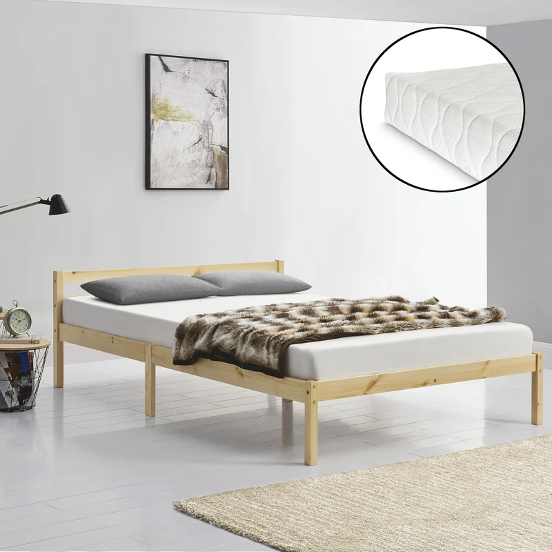 Holzbett Nakkila versch. Farben und Größen mit Kaltschaummatratze en.casa