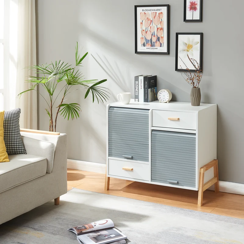 Sideboard Kvaefjord mit Jalousietüren Weiß/Grau [en.casa]