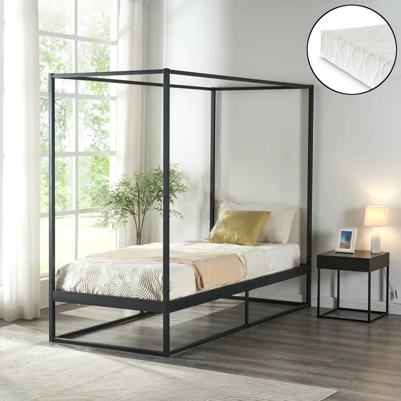Himmelbett Kristianstad mit Matratze Schwarz in versch. Größen [en.casa]